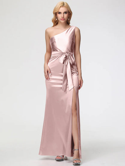 Elegant Blush Satin One-Shoulder Bow-Accent High-Slit Evening Dress