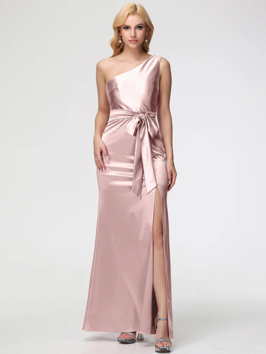 Elegant Blush Satin One-Shoulder Bow-Accent High-Slit Evening Dress
