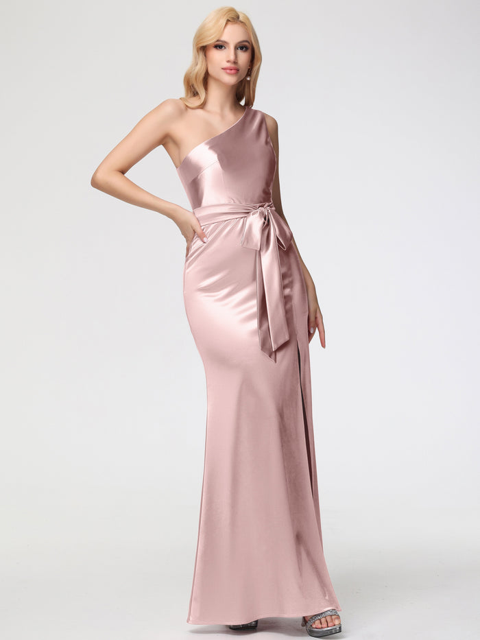 Elegant Blush Satin One-Shoulder Bow-Accent High-Slit Evening Dress