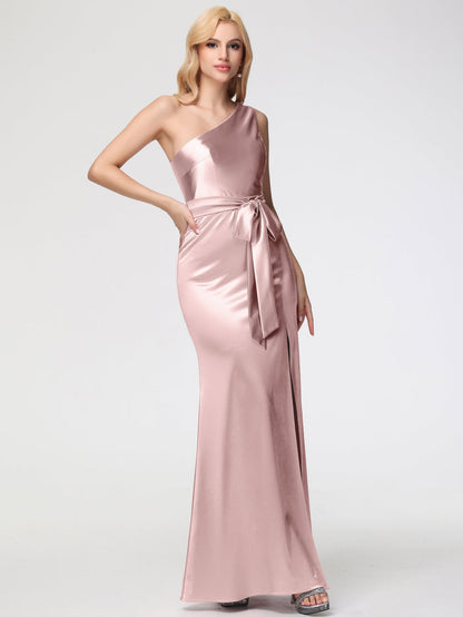 Elegant Blush Satin One-Shoulder Bow-Accent High-Slit Evening Dress