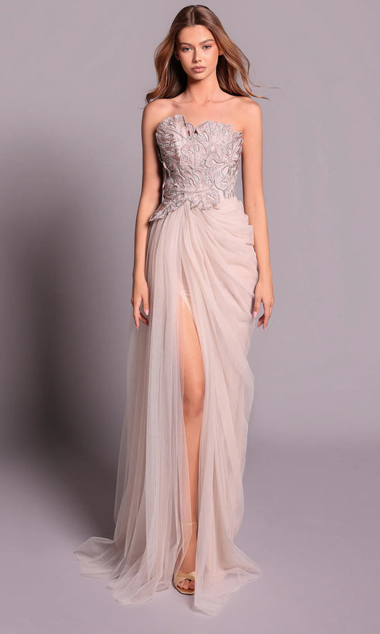 Elegant Blush Tulle Strapless Embellished Bodice High Slit Evening Dress