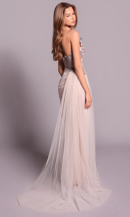 Elegant Blush Tulle Strapless Embellished Bodice High Slit Evening Dress