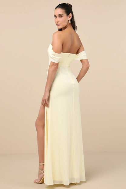Elegant Butter Yellow Off-the-Shoulder Chiffon Bridesmaid Dress