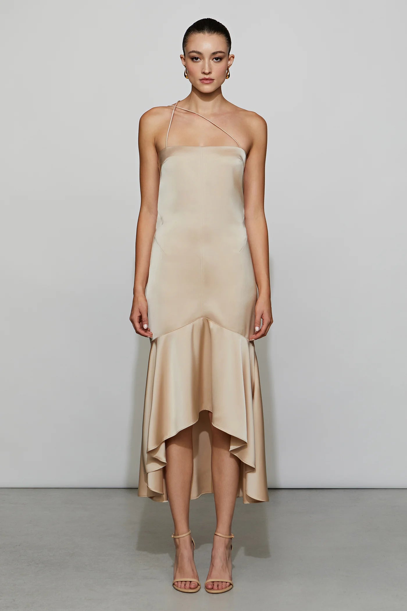 Elegant Champagne Satin Asymmetrical Strap Strapless Double Ruffle High-Low Midi Evening Dress