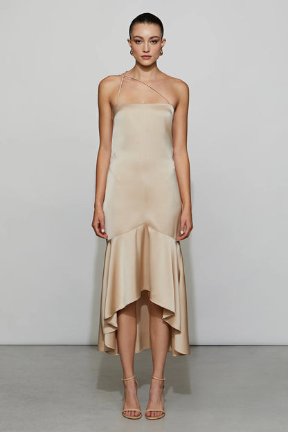 Elegant Champagne Satin Asymmetrical Strap Strapless Double Ruffle High-Low Midi Evening Dress