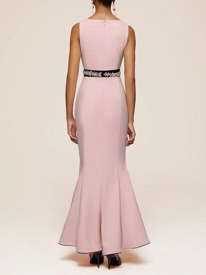 Elegant Dusty Pink Sleeveless Crew Neck Embellished Waist Mermaid High-Low Floor-Length Evening Dress