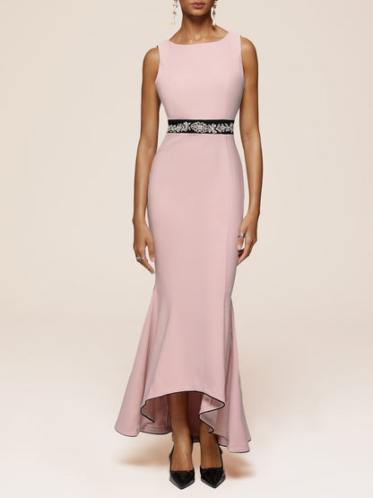 Elegant Dusty Pink Sleeveless Crew Neck Embellished Waist Mermaid High-Low Floor-Length Evening Dress