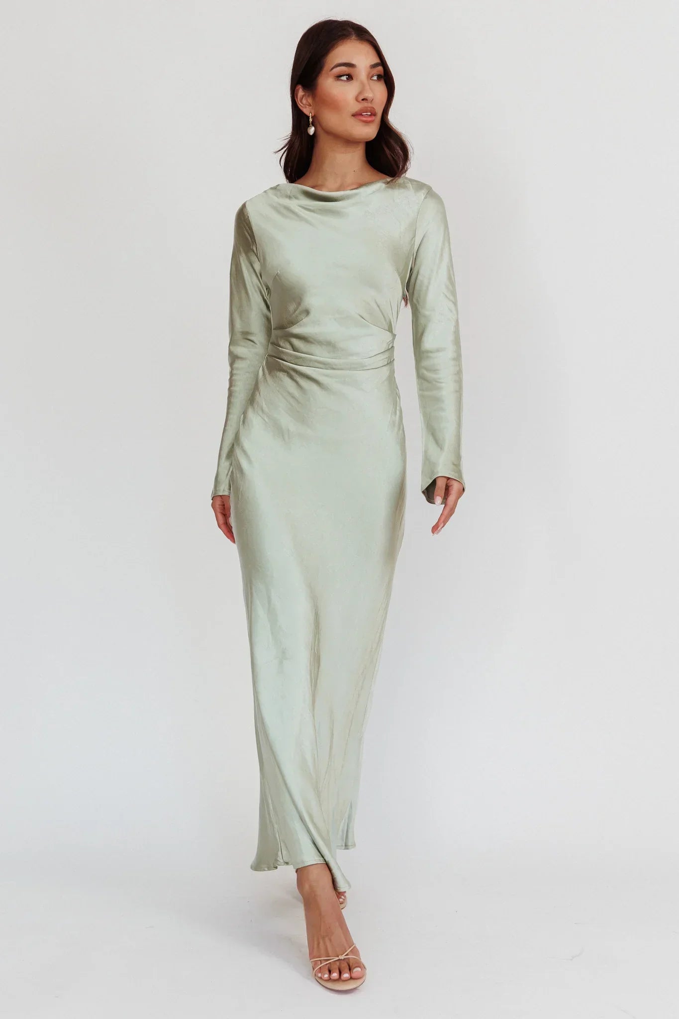 Elegant Fitted Crew Neck Long Sleeve Cowl Back Maxi Evening Dress