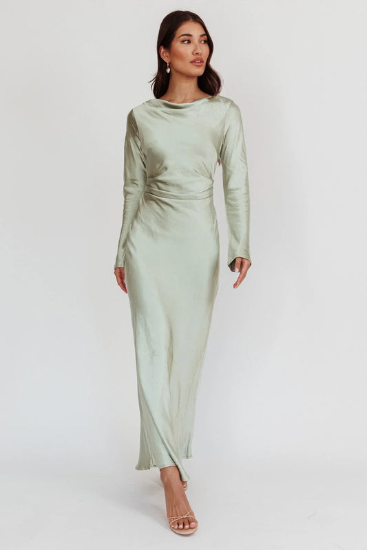 Elegant Fitted Crew Neck Long Sleeve Cowl Back Maxi Evening Dress