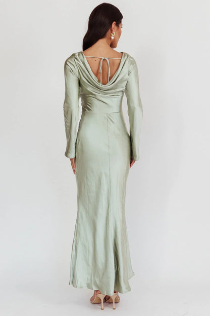 Elegant Fitted Crew Neck Long Sleeve Cowl Back Maxi Evening Dress