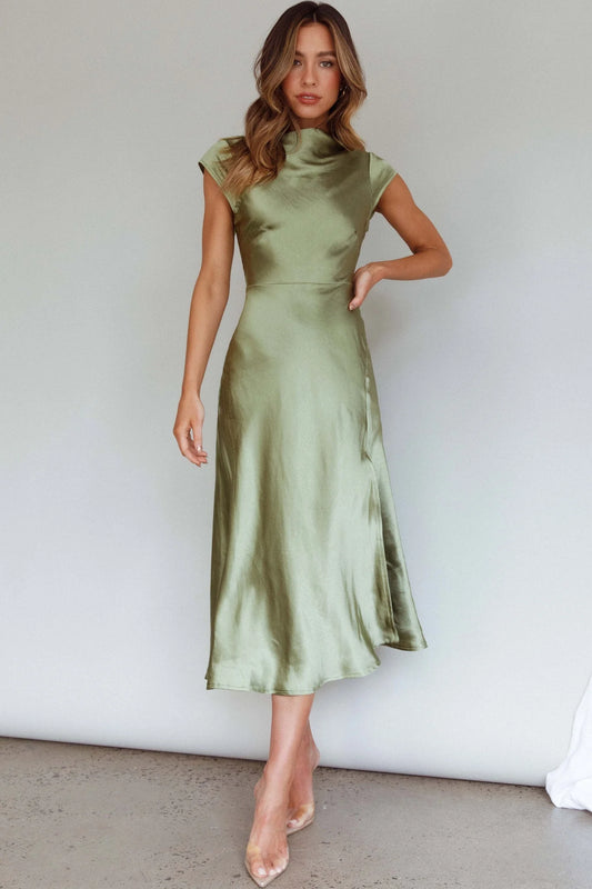 Elegant Fitted Mock Neck Cap Sleeve Satin Midi Evening Dress