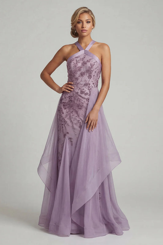 Elegant Halter Neck Sequin Floral Embellished Satin Strap Layered Tulle Maxi Prom Dress