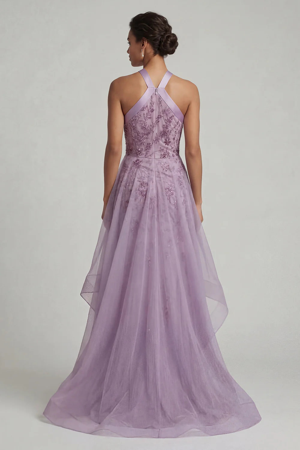 Elegant Halter Neck Sequin Floral Embellished Satin Strap Layered Tulle Maxi Prom Dress