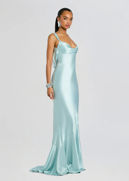 Elegant Ice Blue Satin Cowl Back Mermaid Train Floor-Length Evening Dress