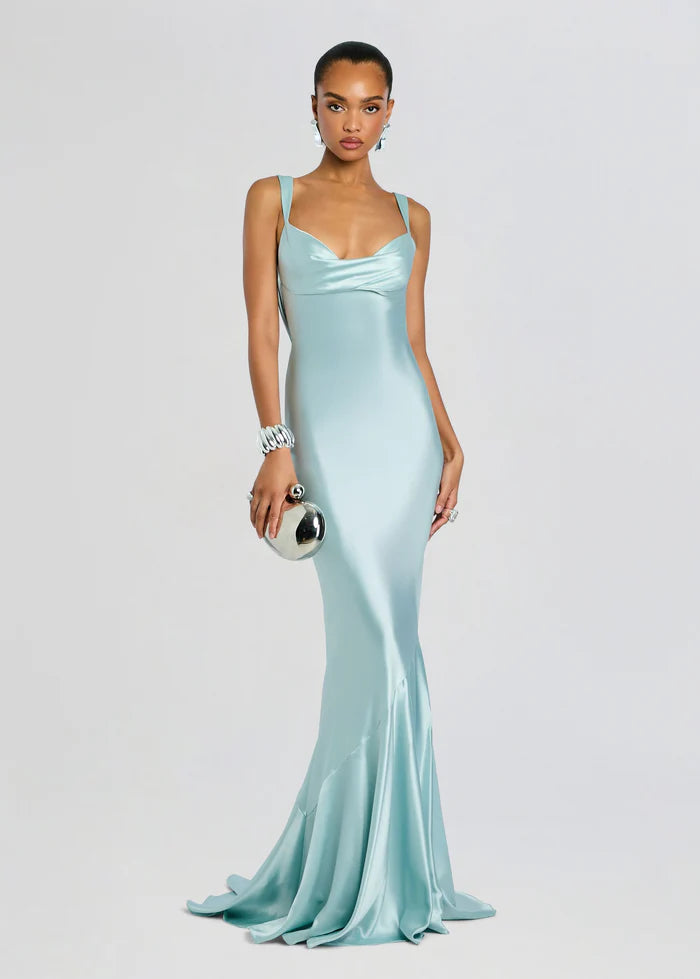 Elegant Ice Blue Satin Cowl Back Mermaid Train Floor-Length Evening Dress