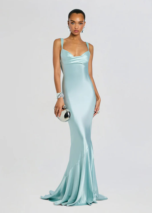 Elegant Ice Blue Satin Cowl Back Mermaid Train Floor-Length Evening Dress