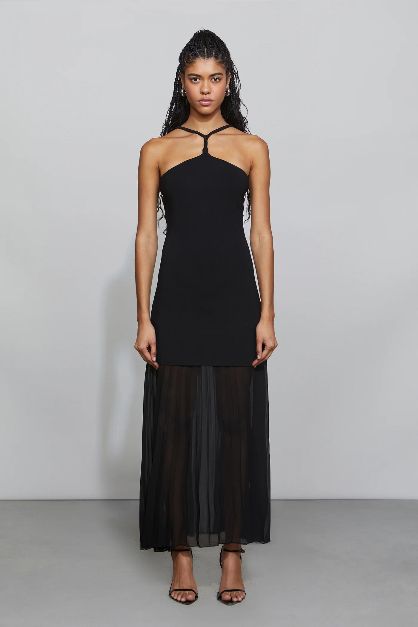 Elegant Ivory Halter Neck Cut-Out Detail Knit Bodice Pleated Chiffon Midi Evening Dress