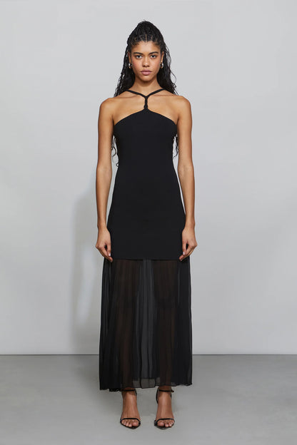 Elegant Ivory Halter Neck Cut-Out Detail Knit Bodice Pleated Chiffon Midi Evening Dress