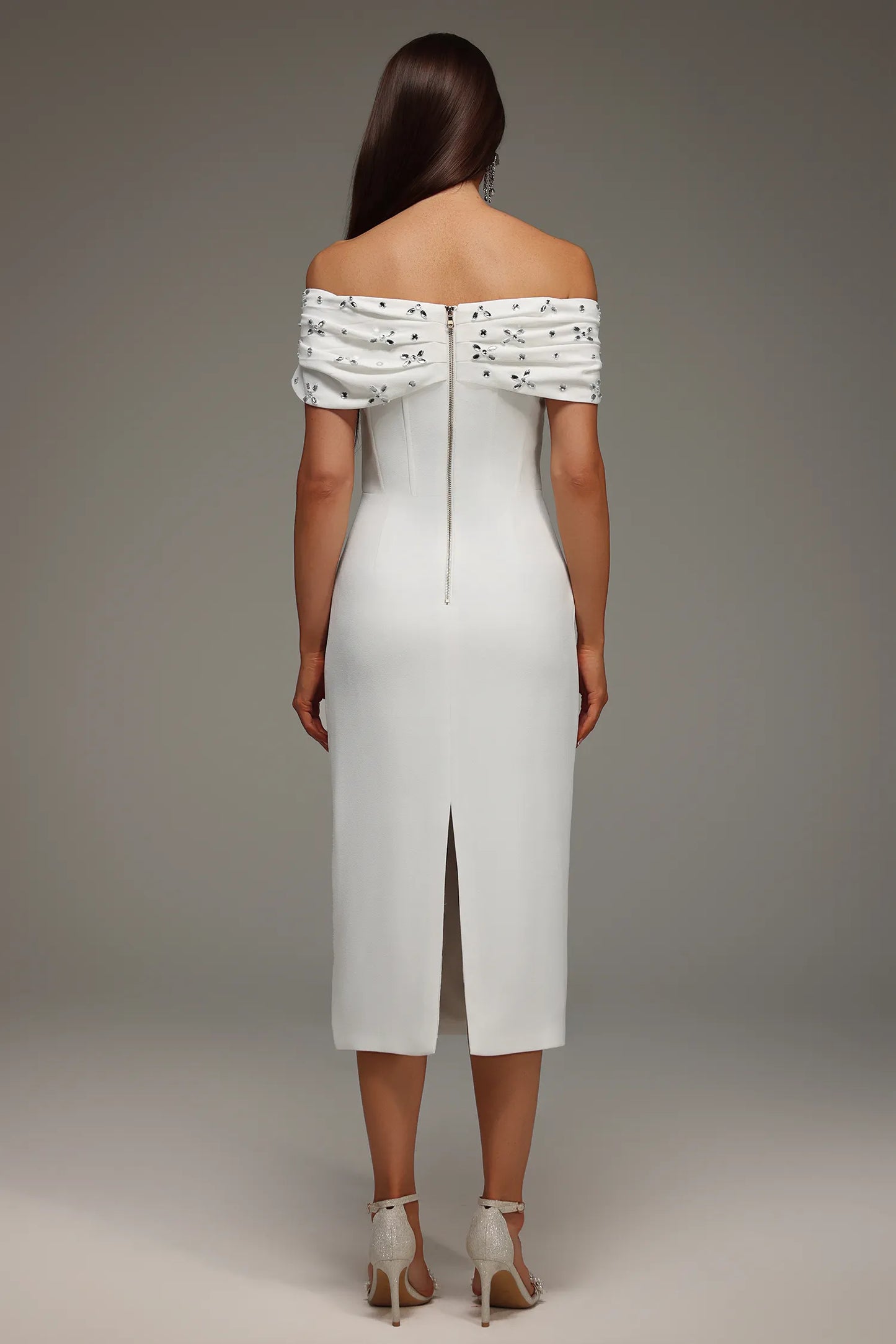 Elegant Ivory Off-the-Shoulder with Crystal Embellished Neckline and Tailored Midi Evening Dress