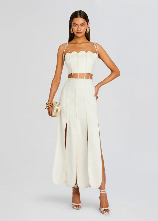 Elegant Ivory Scalloped Sweetheart Neck Cut-Out High Slit Midi Evening Dress