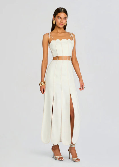 Elegant Ivory Scalloped Sweetheart Neck Cut-Out High Slit Midi Evening Dress