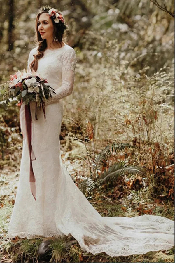 Elegant Lace Mermaid Round Neck Long Sleeves Wedding Dresses