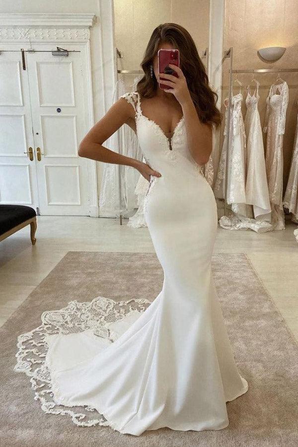 Elegant Mermaid Cap Sleeve V Neck Satin Wedding Dress With Lace Appliques