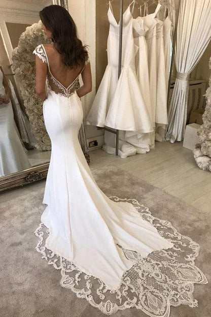 Elegant Mermaid Cap Sleeve V Neck Satin Wedding Dress With Lace Appliques