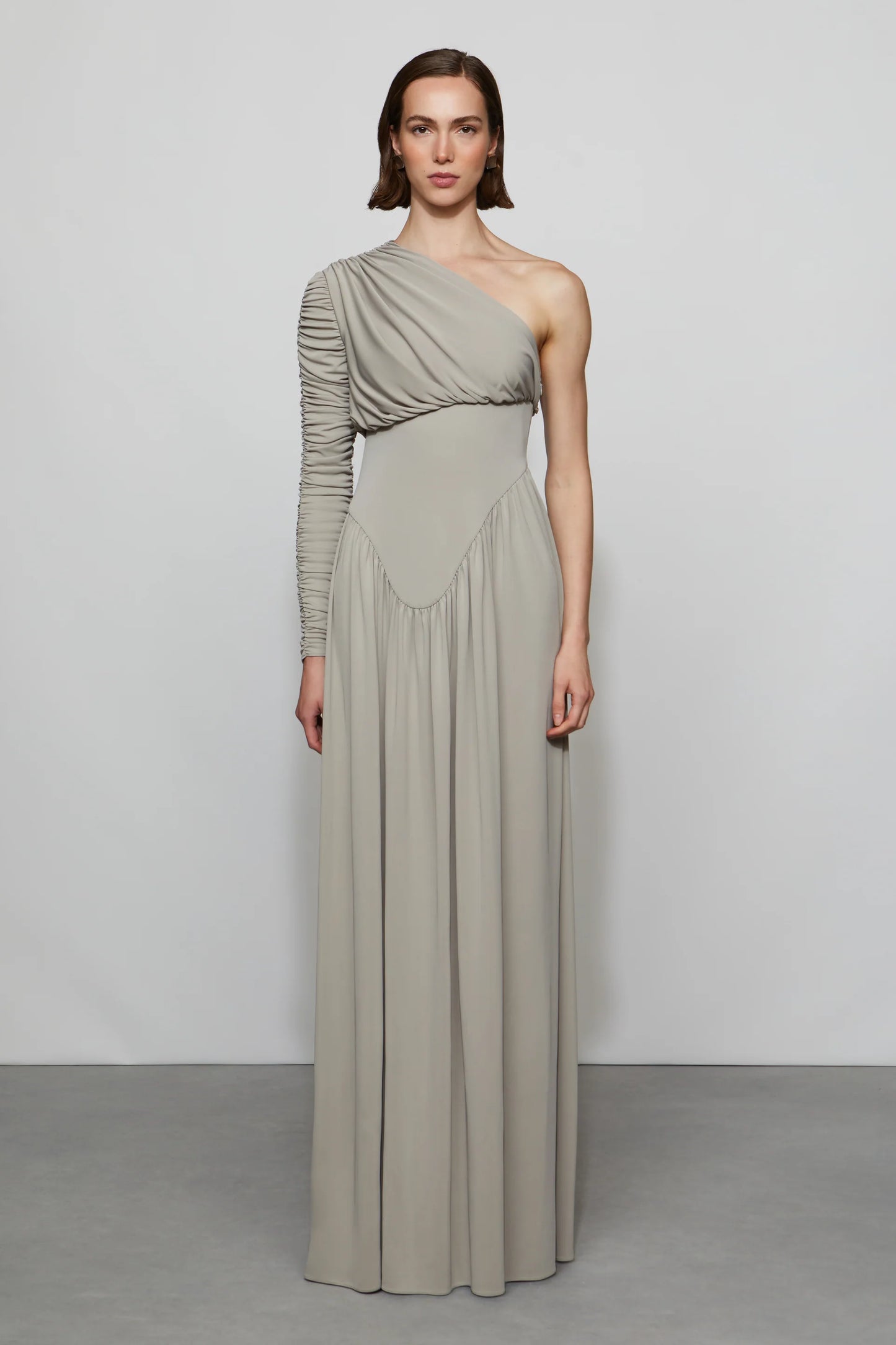Elegant Minimalist Asymmetrical One-Shoulder Ruched Sleeve Draped Waist Floor-Length Evening Dress