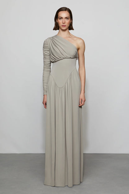Elegant Minimalist Asymmetrical One-Shoulder Ruched Sleeve Draped Waist Floor-Length Evening Dress