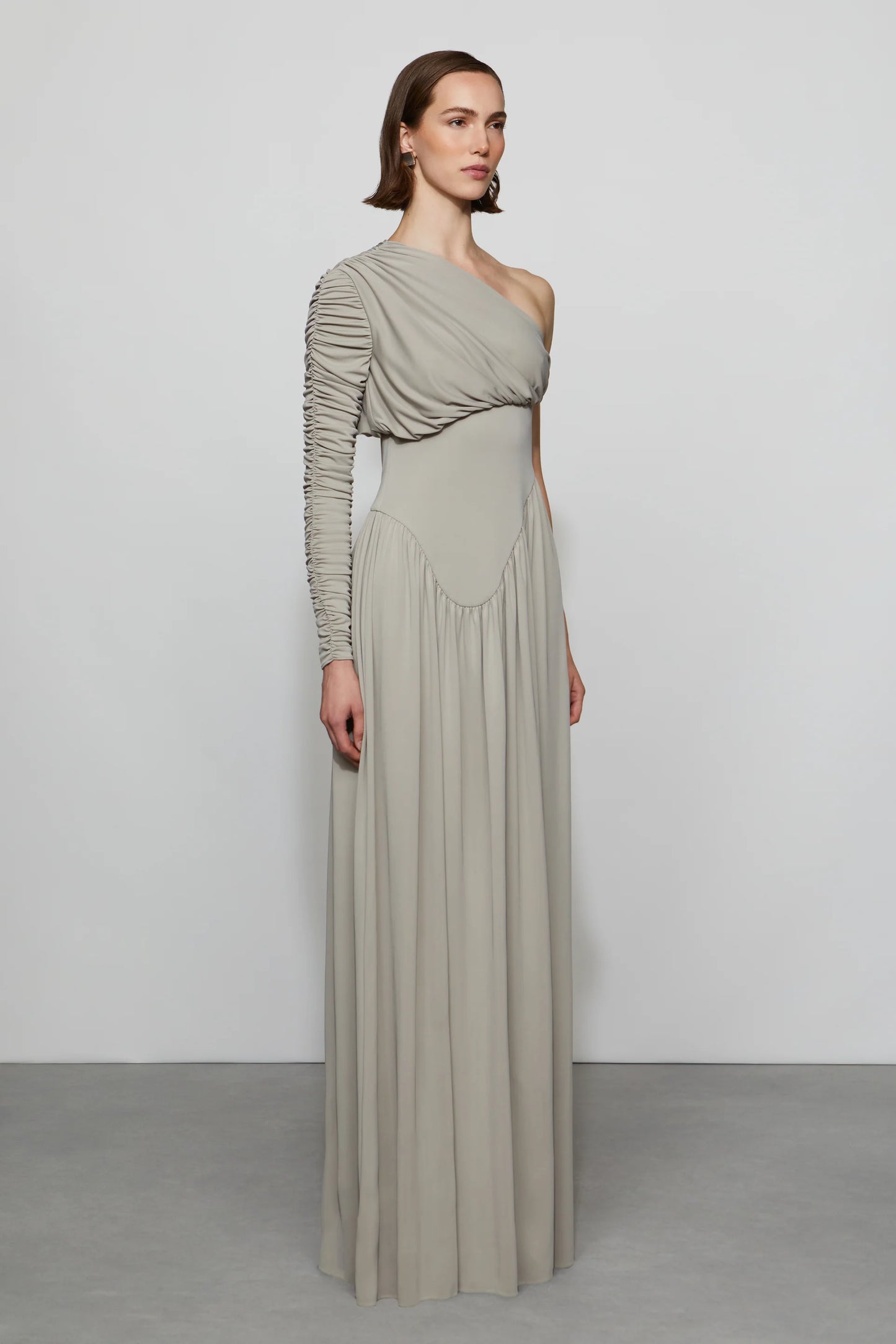 Elegant Minimalist Asymmetrical One-Shoulder Ruched Sleeve Draped Waist Floor-Length Evening Dress