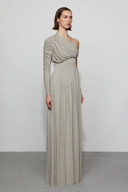 Elegant Minimalist Asymmetrical One-Shoulder Ruched Sleeve Draped Waist Floor-Length Evening Dress