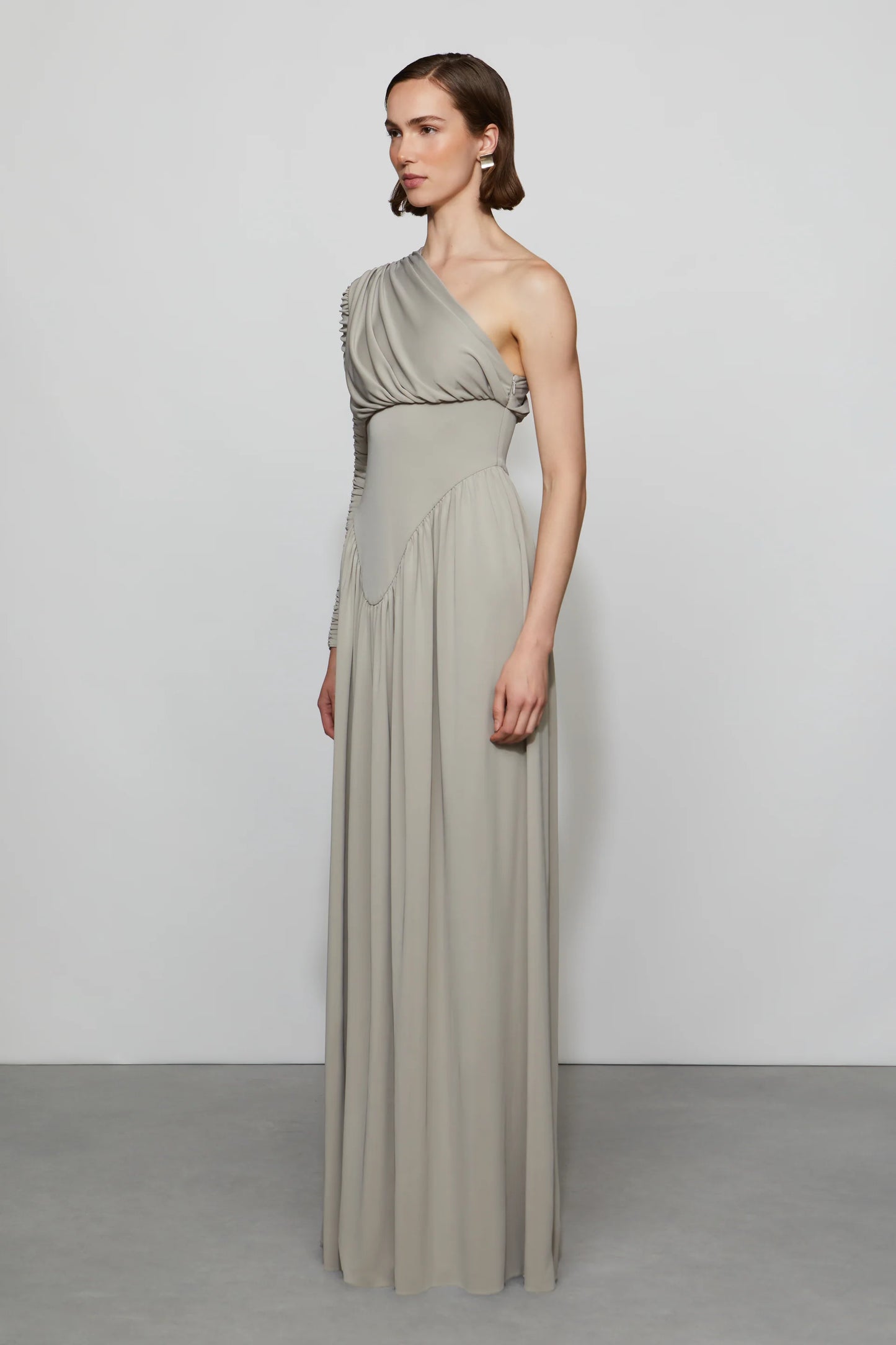 Elegant Minimalist Asymmetrical One-Shoulder Ruched Sleeve Draped Waist Floor-Length Evening Dress