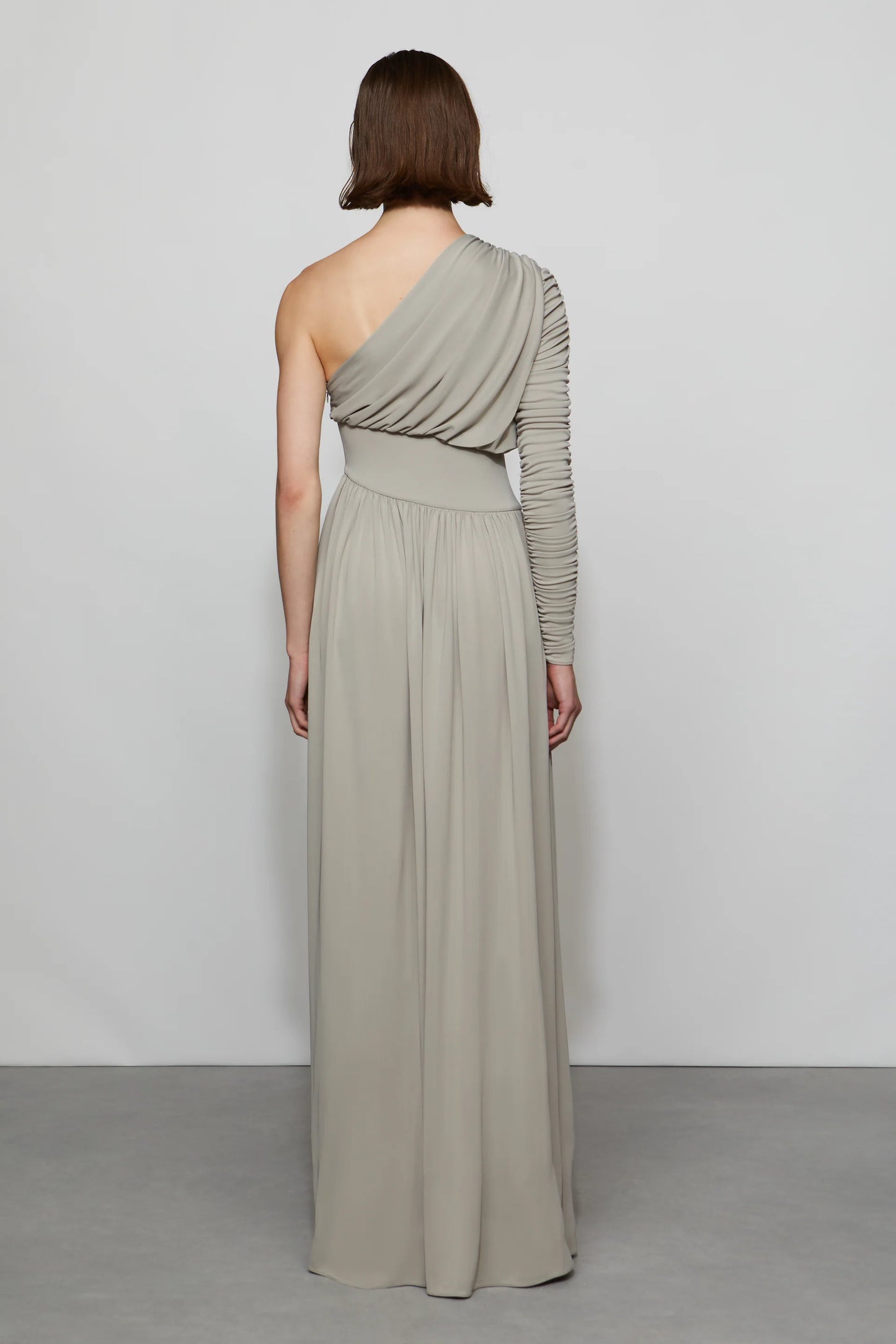 Elegant Minimalist Asymmetrical One-Shoulder Ruched Sleeve Draped Waist Floor-Length Evening Dress