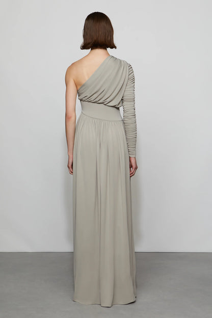Elegant Minimalist Asymmetrical One-Shoulder Ruched Sleeve Draped Waist Floor-Length Evening Dress