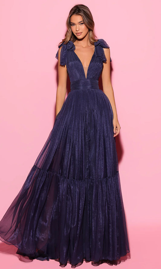 Elegant Navy Blue Shimmer Chiffon Halter Neck Bow Detail Tiered A-Line Train Evening Dress