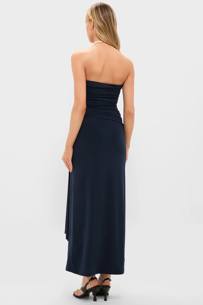 Elegant Navy Blue Strapless Midi Dress with Ruched Bodice and Draped Detail, Evening Dresses