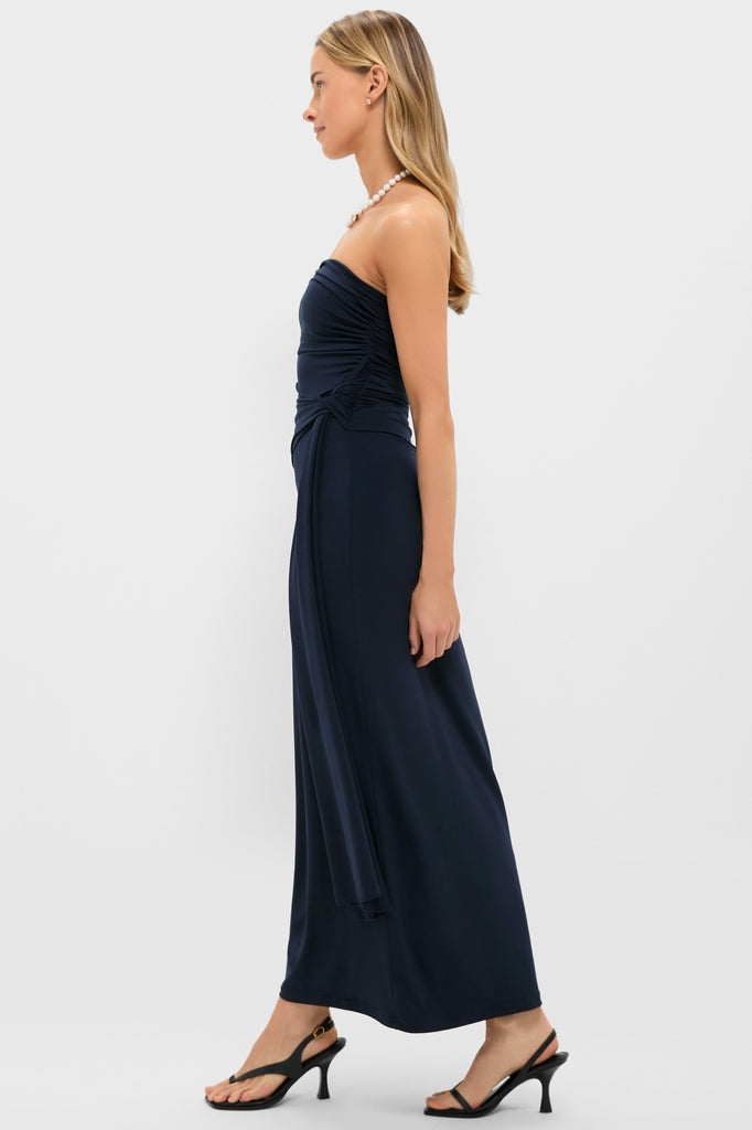 Elegant Navy Blue Strapless Midi Dress with Ruched Bodice and Draped Detail, Evening Dresses