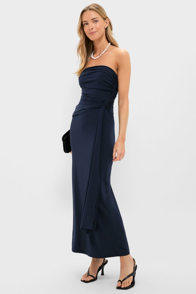 Elegant Navy Blue Strapless Midi Dress with Ruched Bodice and Draped Detail, Evening Dresses