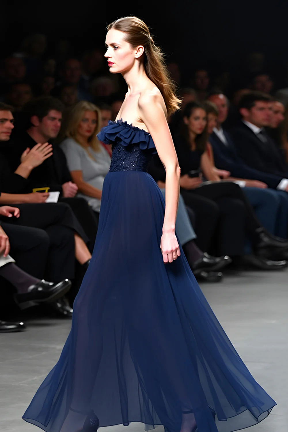 Elegant Navy Chiffon Strapless Ruffle Bodice Beaded Waist Open-Back Evening Dress
