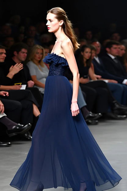 Elegant Navy Chiffon Strapless Ruffle Bodice Beaded Waist Open-Back Evening Dress