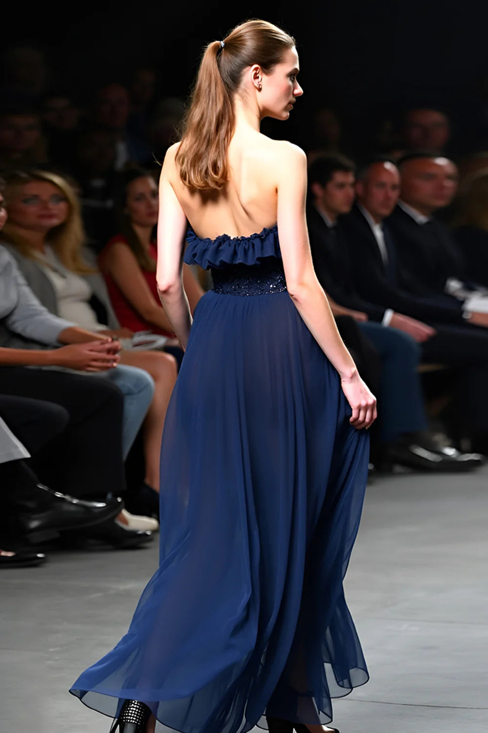 Elegant Navy Chiffon Strapless Ruffle Bodice Beaded Waist Open-Back Evening Dress