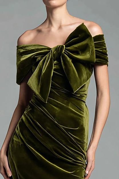 Elegant Olive Green Velvet Off-Shoulder Oversized Bow Ruched Mermaid Evening Dress