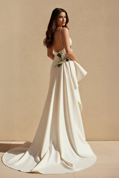Elegant Satin Cami-Deep-V Floral-Accent Open-Back Train Evening Dress