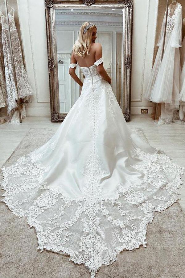 Elegant Satin Off-the-shoulder A-line Wedding Dresses With Appliques