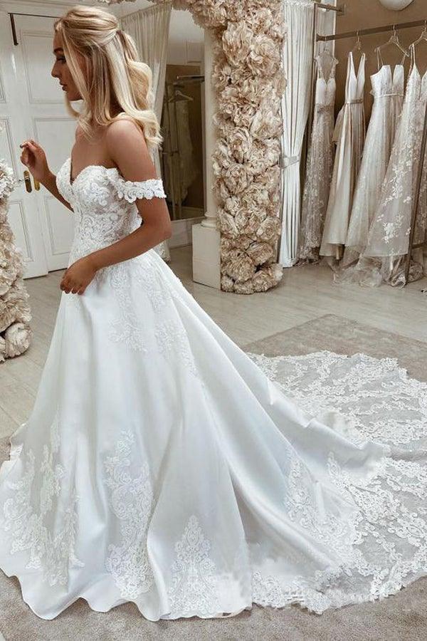 Elegant Satin Off-the-shoulder A-line Wedding Dresses With Appliques