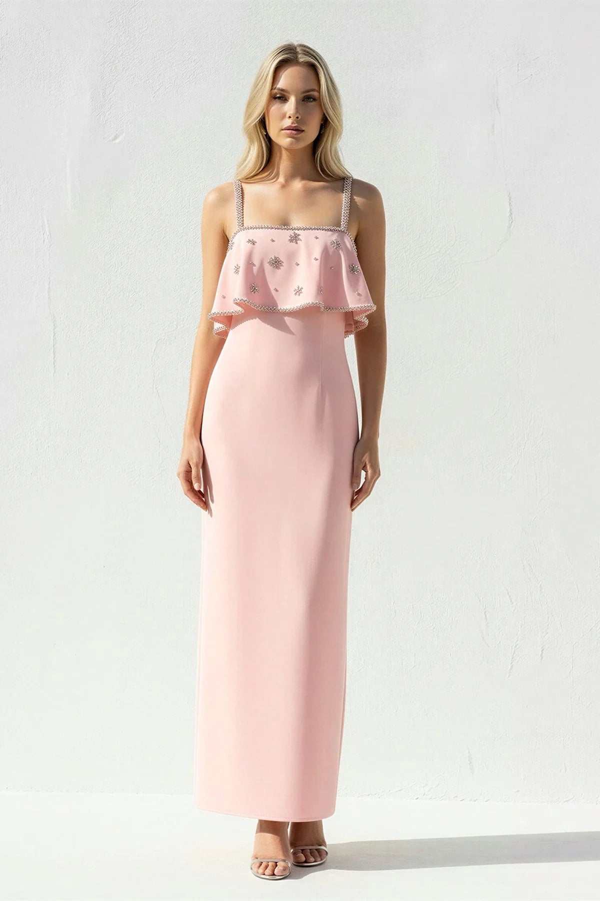Elegant Slim-Fit Square-Neck Sleeveless Open-Back Long Evening Dress