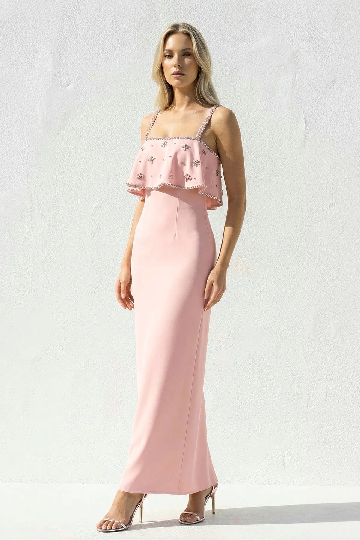 Elegant Slim-Fit Square-Neck Sleeveless Open-Back Long Evening Dress