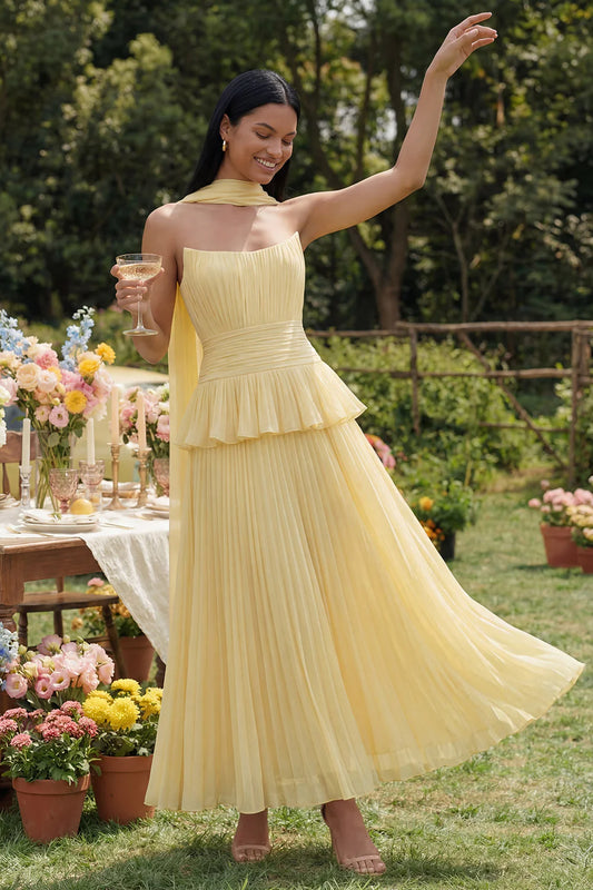 Elegant Strapless Halter Neck Sage Green Pleated Midi Dress with Peplum Waist and Detachable Scarf Prom Dress