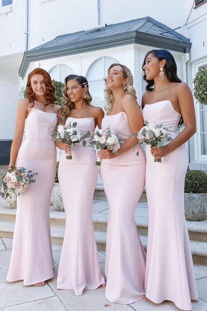 Elegant Strapless Mermaid Floor-Length Pink Bridesmaid Dress